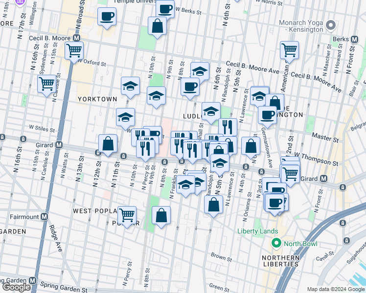 map of restaurants, bars, coffee shops, grocery stores, and more near 1301 North Franklin Street in Philadelphia