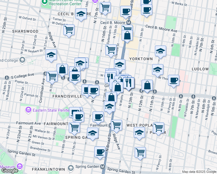 map of restaurants, bars, coffee shops, grocery stores, and more near 1403 West Flora Street in Philadelphia