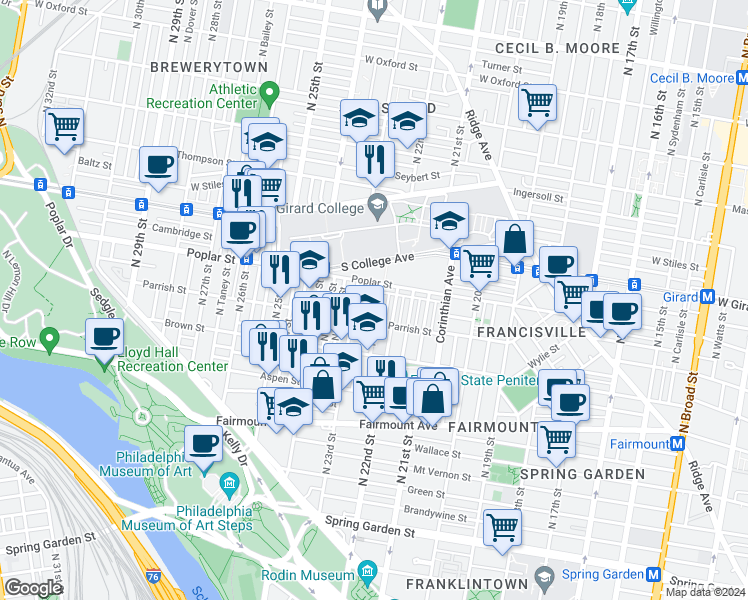 map of restaurants, bars, coffee shops, grocery stores, and more near 2216 Poplar Street in Philadelphia