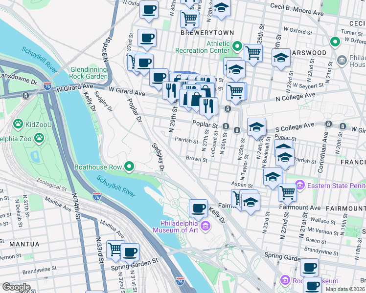 map of restaurants, bars, coffee shops, grocery stores, and more near 842 North 28th Street in Philadelphia