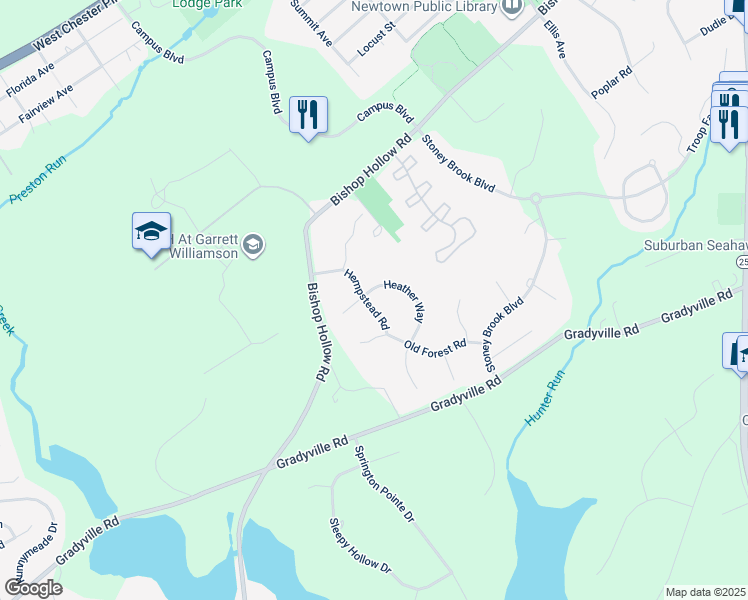 map of restaurants, bars, coffee shops, grocery stores, and more near 25 Heather Way in Newtown Square
