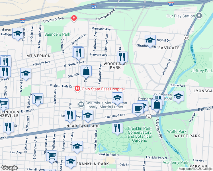 map of restaurants, bars, coffee shops, grocery stores, and more near 223 Woodland Avenue in Columbus