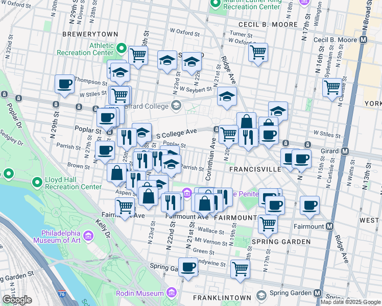 map of restaurants, bars, coffee shops, grocery stores, and more near 886 North 21st Street in Philadelphia