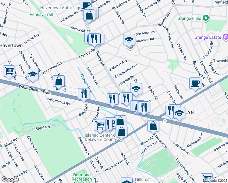 map of restaurants, bars, coffee shops, grocery stores, and more near 14 Mifflin Road in Havertown