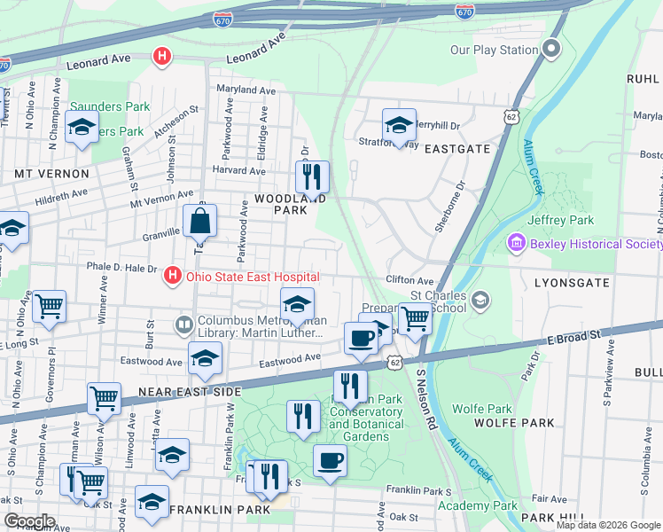 map of restaurants, bars, coffee shops, grocery stores, and more near 179 Clifton Court in Columbus