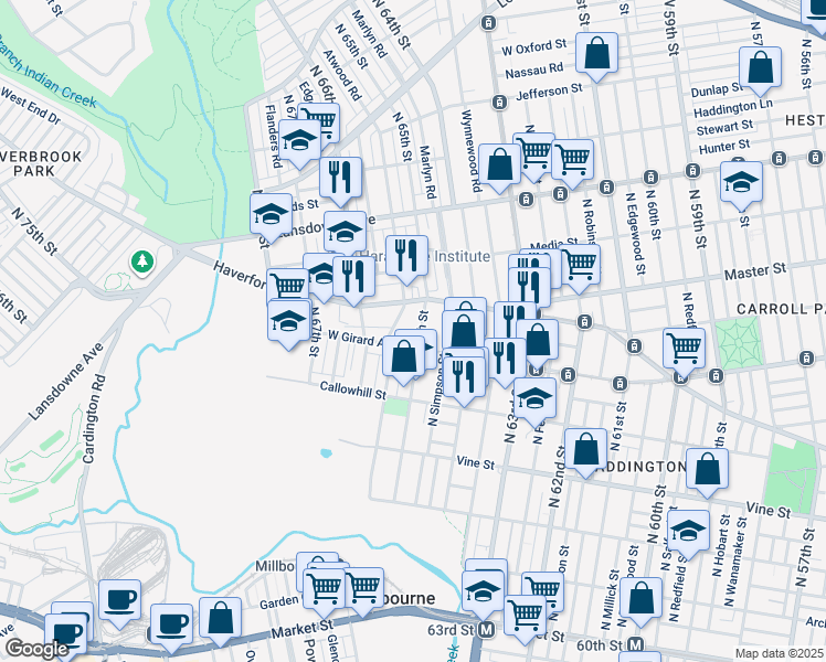 map of restaurants, bars, coffee shops, grocery stores, and more near 512 North 65th Street in Philadelphia