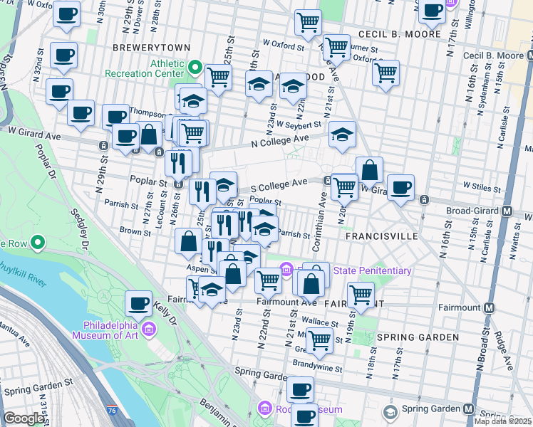 map of restaurants, bars, coffee shops, grocery stores, and more near 2210 Ogden Street in Philadelphia