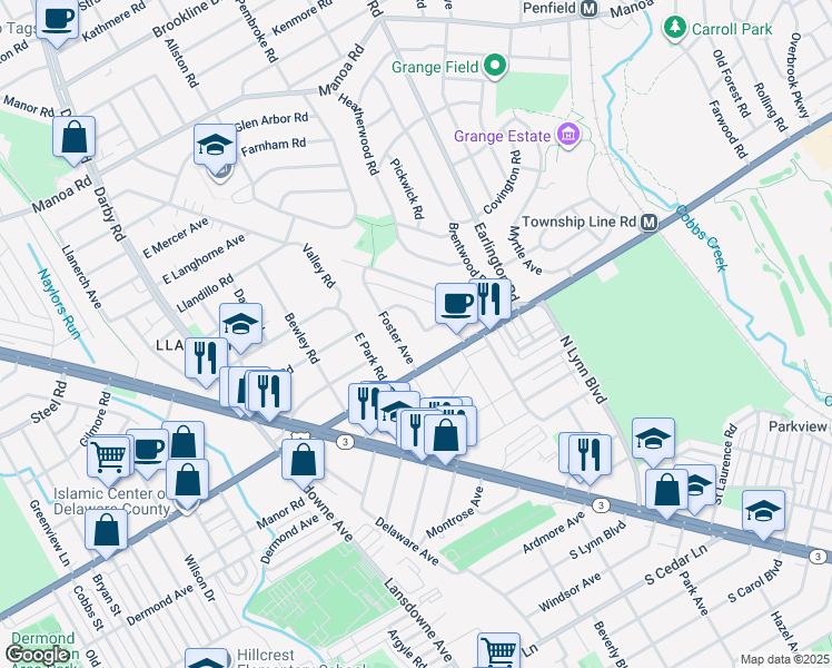 map of restaurants, bars, coffee shops, grocery stores, and more near 104 Lewis Road in Havertown