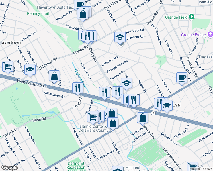 map of restaurants, bars, coffee shops, grocery stores, and more near 14 Mifflin Road in Havertown