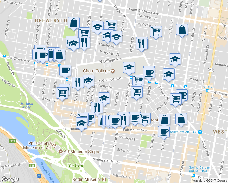 map of restaurants, bars, coffee shops, grocery stores, and more near 885 North Beechwood Street in Philadelphia
