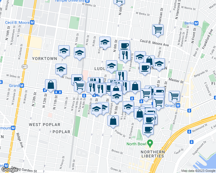 map of restaurants, bars, coffee shops, grocery stores, and more near 1234 6th Street in Philadelphia