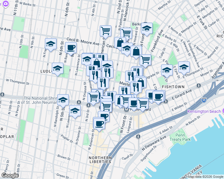 map of restaurants, bars, coffee shops, grocery stores, and more near in Philadelphia