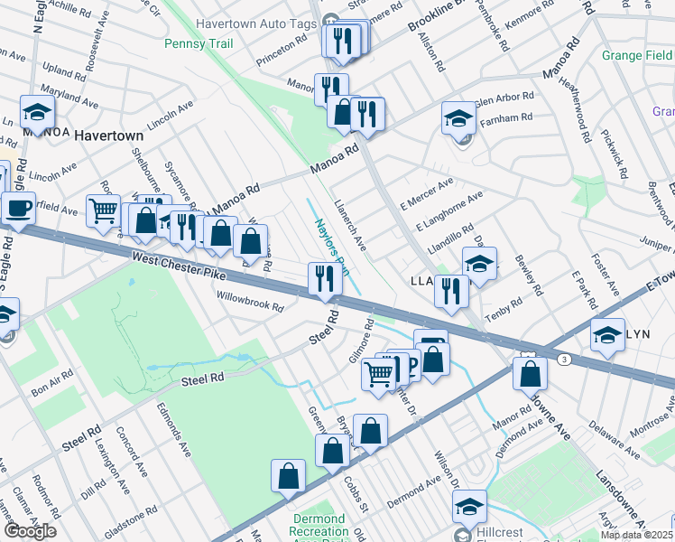 map of restaurants, bars, coffee shops, grocery stores, and more near 418 West Langhorne Avenue in Havertown