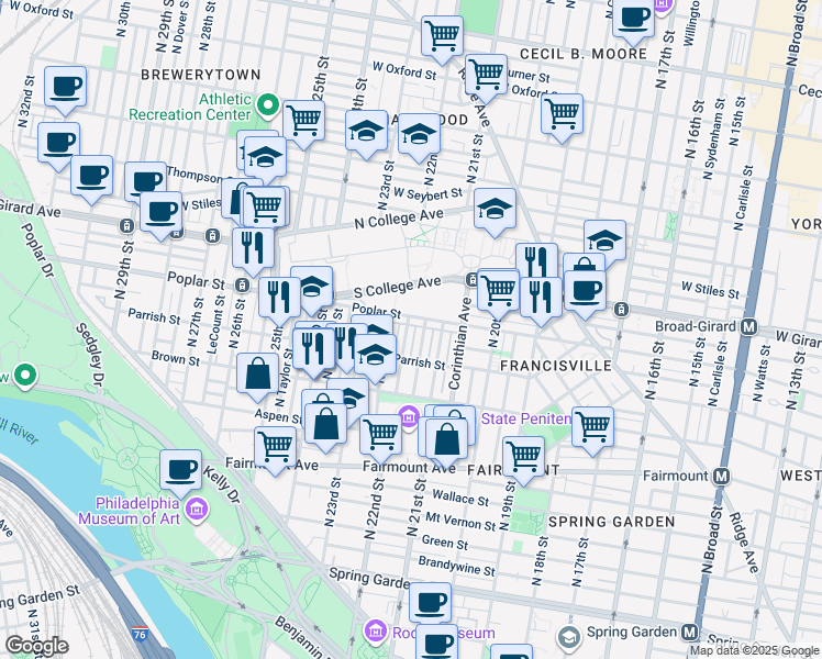 map of restaurants, bars, coffee shops, grocery stores, and more near 885 North Beechwood Street in Philadelphia
