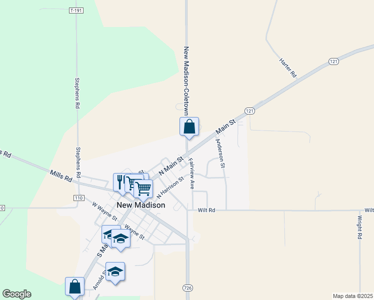 map of restaurants, bars, coffee shops, grocery stores, and more near 124 Fairview Avenue in New Madison