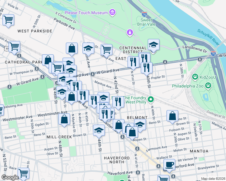 map of restaurants, bars, coffee shops, grocery stores, and more near 4212 Wyalusing Avenue in Philadelphia