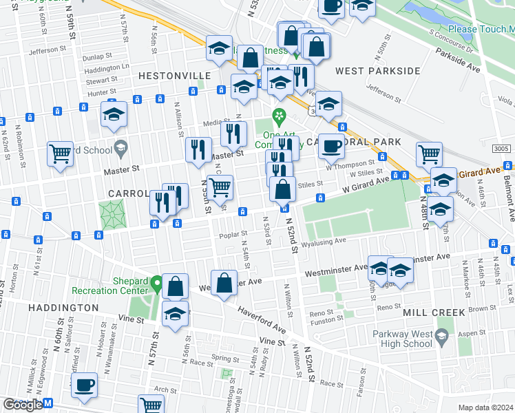 map of restaurants, bars, coffee shops, grocery stores, and more near 5311 West Girard Avenue in Philadelphia