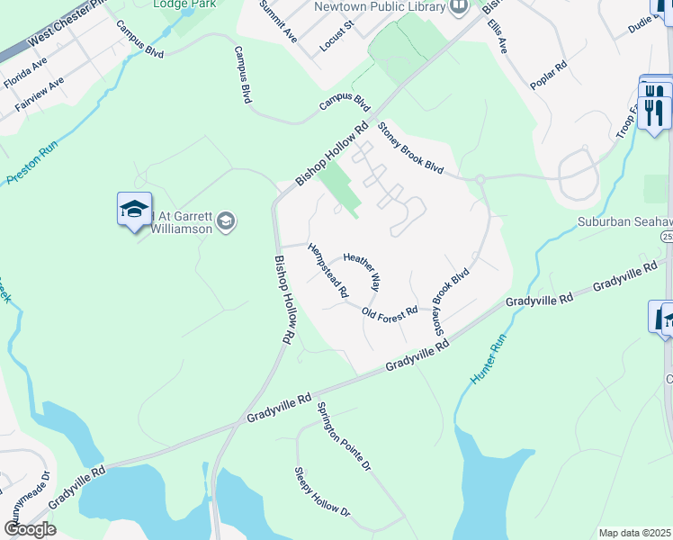 map of restaurants, bars, coffee shops, grocery stores, and more near 25 Heather Way in Newtown Square