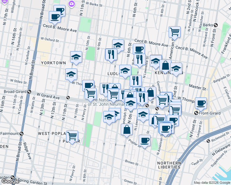 map of restaurants, bars, coffee shops, grocery stores, and more near 1309 North Marshall Street in Philadelphia