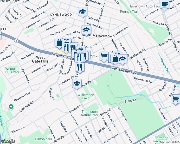 map of restaurants, bars, coffee shops, grocery stores, and more near 110 Columbus Avenue in Havertown