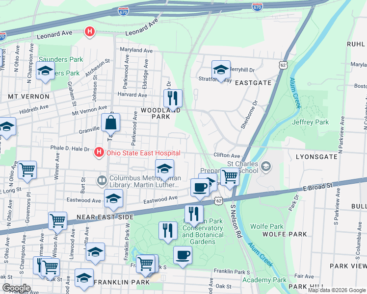 map of restaurants, bars, coffee shops, grocery stores, and more near 1738 Clifton Avenue in Columbus