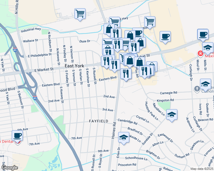 map of restaurants, bars, coffee shops, grocery stores, and more near 131 South Royal Street in East York