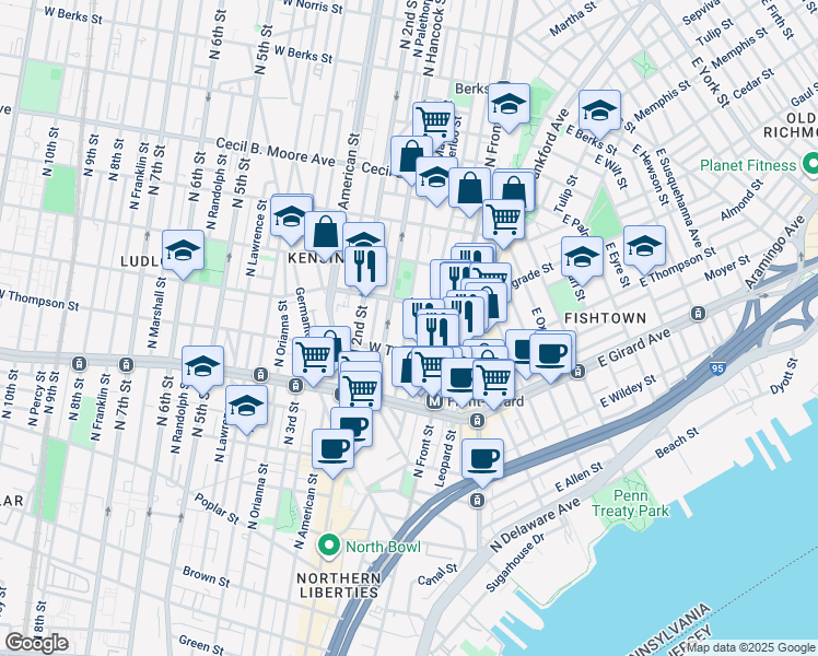 map of restaurants, bars, coffee shops, grocery stores, and more near 1353 North Mascher Street in Philadelphia