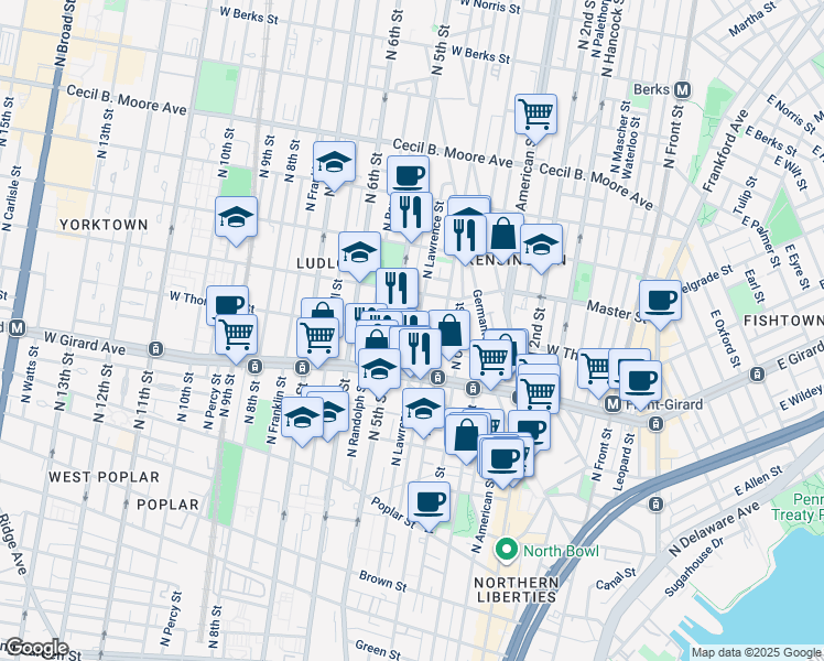 map of restaurants, bars, coffee shops, grocery stores, and more near 1300 North Lawrence Street in Philadelphia