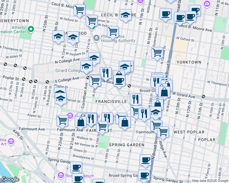map of restaurants, bars, coffee shops, grocery stores, and more near 1820 Ridge Avenue in Philadelphia