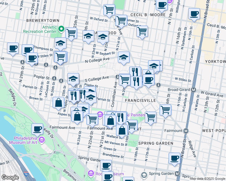 map of restaurants, bars, coffee shops, grocery stores, and more near 2042 Poplar Street in Philadelphia