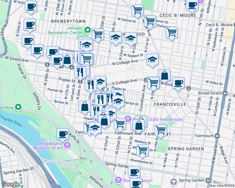 map of restaurants, bars, coffee shops, grocery stores, and more near 2220 Ogden Street in Philadelphia
