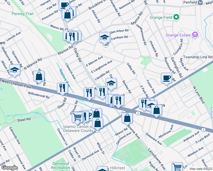 map of restaurants, bars, coffee shops, grocery stores, and more near 315 Lansdowne Road in Havertown