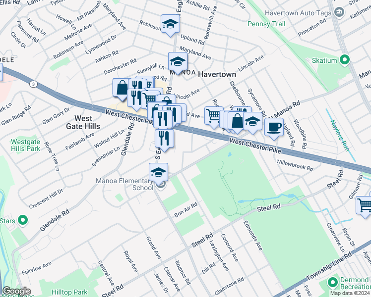 map of restaurants, bars, coffee shops, grocery stores, and more near 110 Columbus Avenue in Havertown