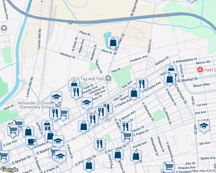 map of restaurants, bars, coffee shops, grocery stores, and more near 229 North Sherman Street in York
