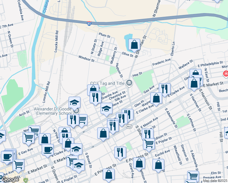 map of restaurants, bars, coffee shops, grocery stores, and more near 726 York Street in York