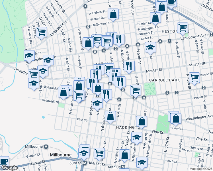 map of restaurants, bars, coffee shops, grocery stores, and more near 6201 Haverford Avenue in Philadelphia