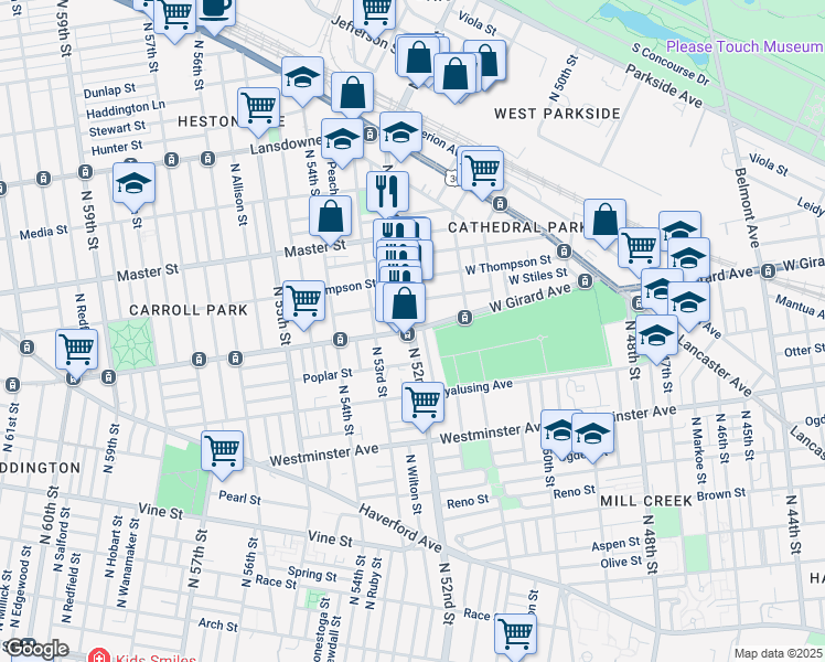 map of restaurants, bars, coffee shops, grocery stores, and more near West Girard Avenue & North 52nd Street in Philadelphia