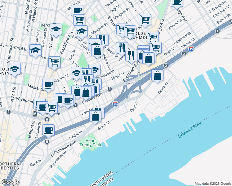 map of restaurants, bars, coffee shops, grocery stores, and more near 802 East Girard Avenue in Philadelphia