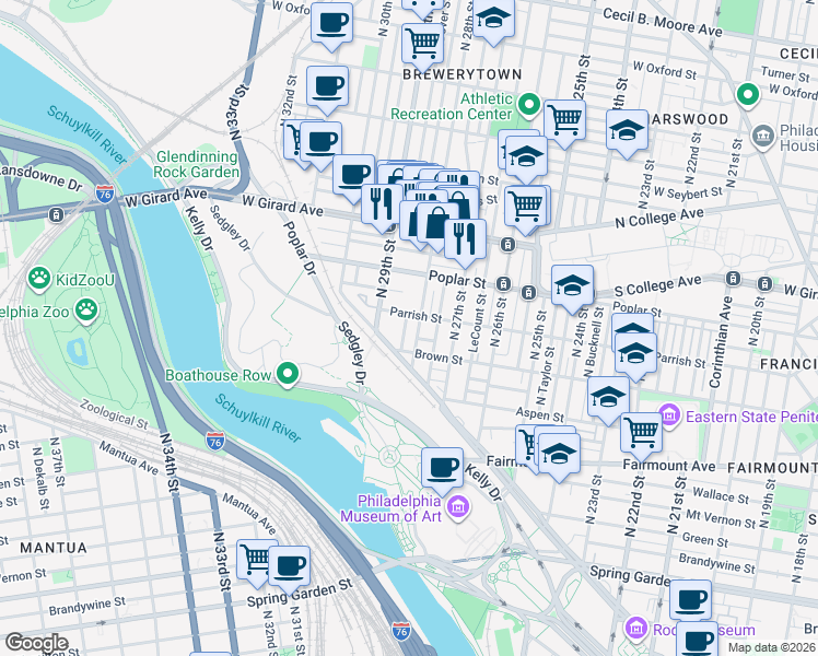 map of restaurants, bars, coffee shops, grocery stores, and more near 842 North 28th Street in Philadelphia