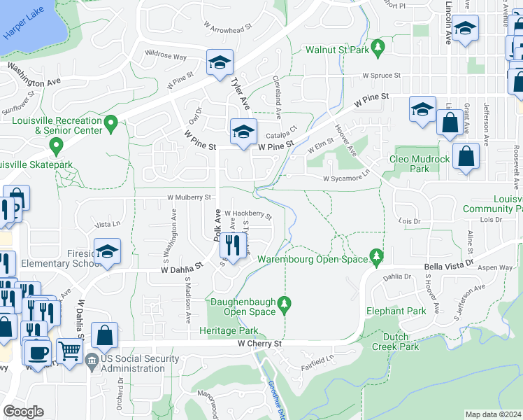 map of restaurants, bars, coffee shops, grocery stores, and more near 523 West Hackberry Street in Louisville