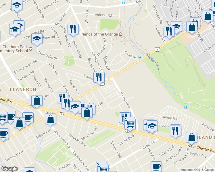 map of restaurants, bars, coffee shops, grocery stores, and more near 240 Barclay Road in Upper Darby
