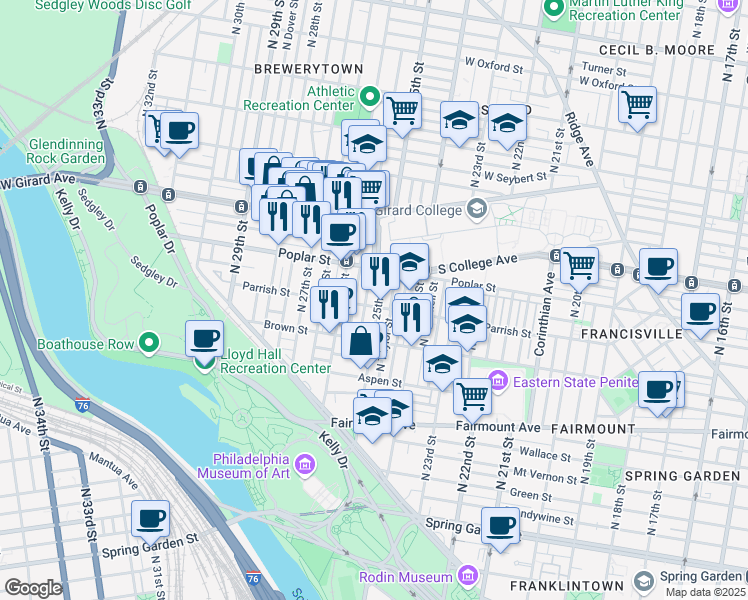 map of restaurants, bars, coffee shops, grocery stores, and more near 852 North 25th Street in Philadelphia