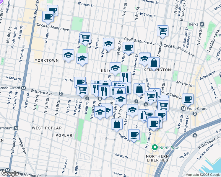 map of restaurants, bars, coffee shops, grocery stores, and more near 602 West Thompson Street in Philadelphia