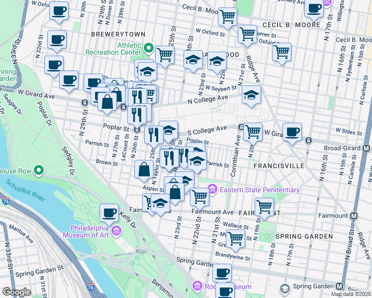 map of restaurants, bars, coffee shops, grocery stores, and more near 869 North Judson Street in Philadelphia