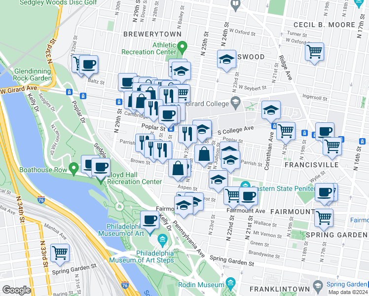 map of restaurants, bars, coffee shops, grocery stores, and more near 852 North 25th Street in Philadelphia