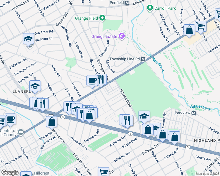 map of restaurants, bars, coffee shops, grocery stores, and more near 240 Barclay Road in Upper Darby