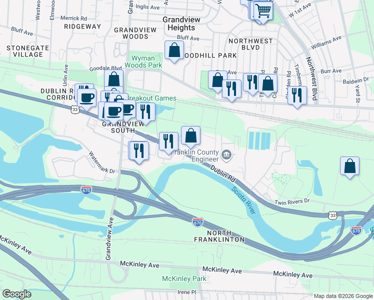 map of restaurants, bars, coffee shops, grocery stores, and more near 1014 Dublin Road in Columbus