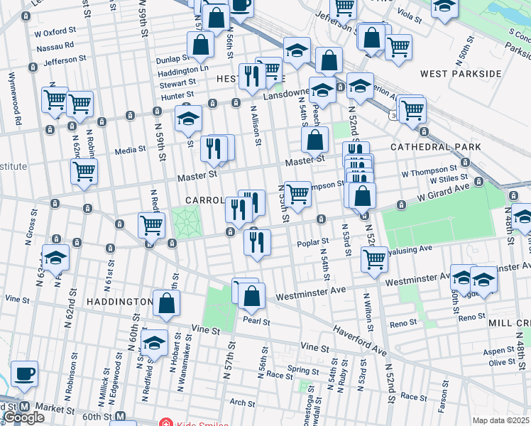 map of restaurants, bars, coffee shops, grocery stores, and more near 1228 North Allison Street in Philadelphia