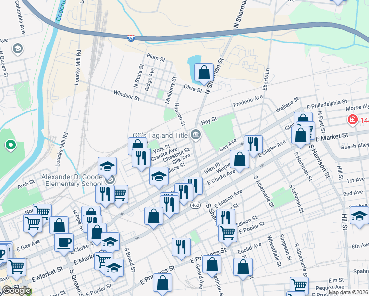 map of restaurants, bars, coffee shops, grocery stores, and more near 736 York Street in York