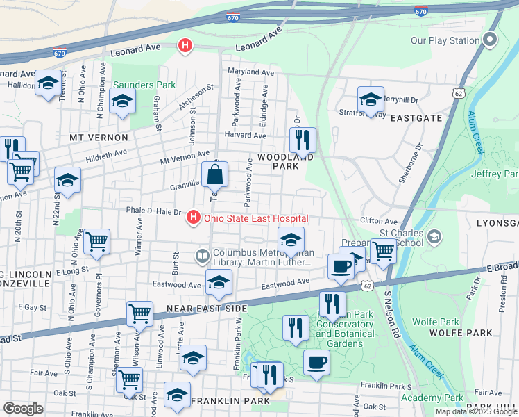 map of restaurants, bars, coffee shops, grocery stores, and more near 1609 Richmond Avenue in Columbus